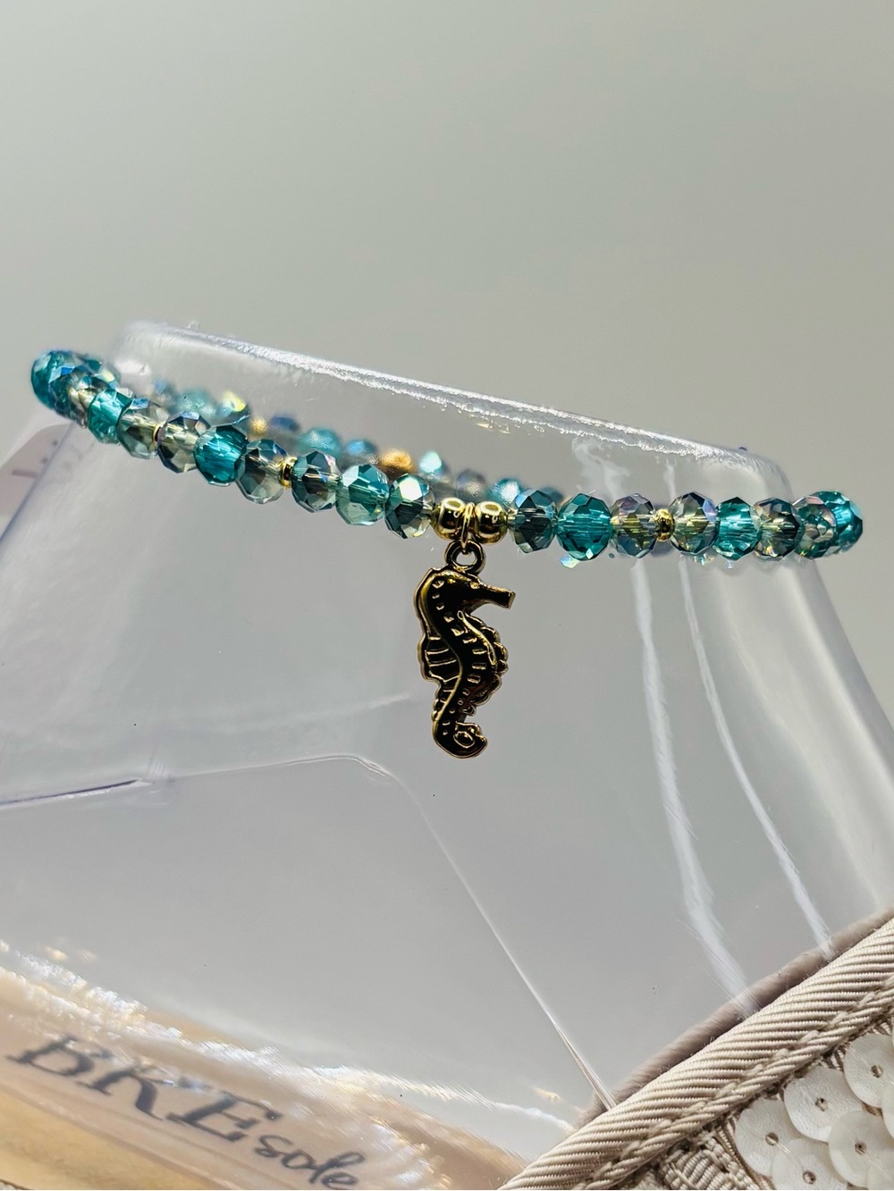 *ANKLET* S. Steel Seahorse & AB Teal Blue Green Crystal Stretchy Anklet - Picture 4 of 7